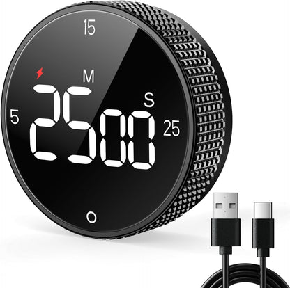 USB Rechargeable Magnetic Kitchen Timer for Cooking, Building 800mAh Battery Large Display Digital Countdown Countup Timer, 3 Preset 5/15/25 Mins Loud Alarm for Baking Grilling Studying