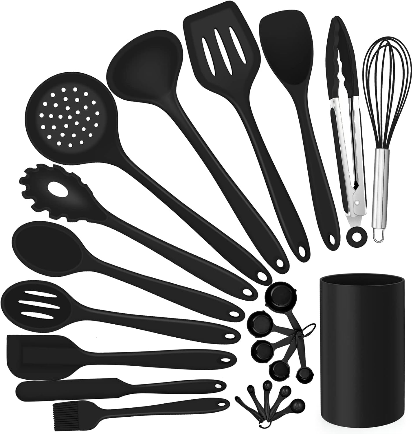 E-far Silicone Cooking Utensils Set, 7-Piece Black Heat Resistant Kitchen Utensils Set, Kitchen Nonstick Tools Spatula Ladle Spoon Pasta Server for Non-stick Cookware, Non-Toxic & Dishwasher safe