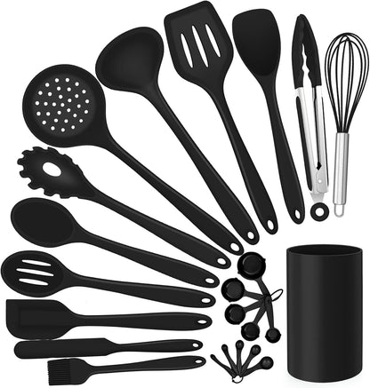 E-far Silicone Cooking Utensils Set, 7-Piece Black Heat Resistant Kitchen Utensils Set, Kitchen Nonstick Tools Spatula Ladle Spoon Pasta Server for Non-stick Cookware, Non-Toxic & Dishwasher safe