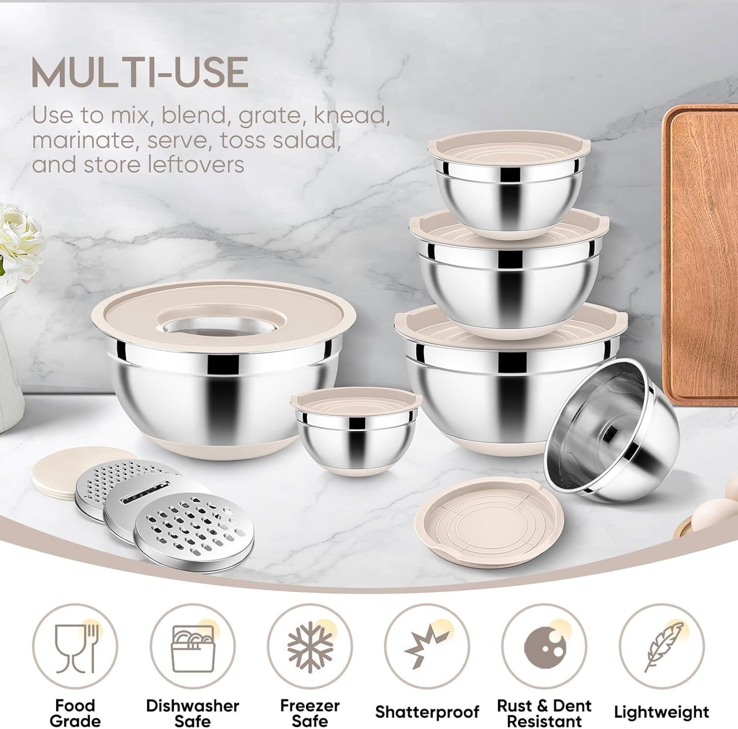 E-far 25PCS Mixing Bowls with Lid Set, Stainless Steel Nesting Prep Bowls with Grater Attachments Non-Slip Bottoms for Cooking, Baking, Serving, Food Storage, 4.6/2.6/2/1.5/1/0.7QT - Blue