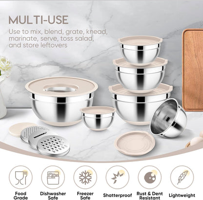 E-far 25PCS Mixing Bowls with Lid Set, Stainless Steel Nesting Prep Bowls with Grater Attachments Non-Slip Bottoms for Cooking, Baking, Serving, Food Storage, 4.6/2.6/2/1.5/1/0.7QT - Blue