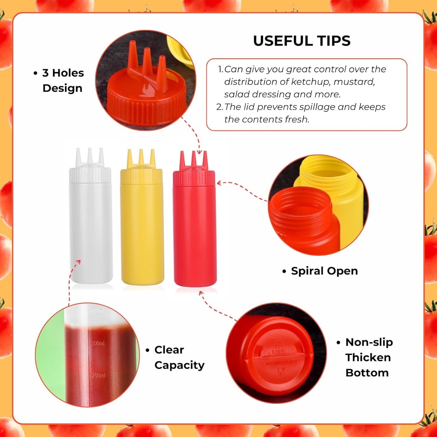 beyonday 3pcs Seasoning Squeeze Bottles, 3 Hole Ketchup Mustard Dressing Squeeze Squirt Bottles, Salad Sauce Condiment Cream Squeeze Bottles for Kitchen Restaurant Bakery (24oz, Multicolor)