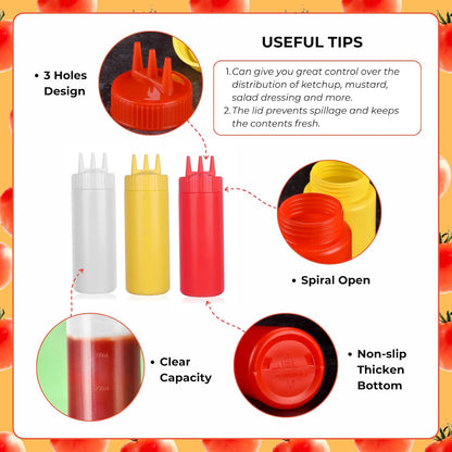 beyonday 3pcs Seasoning Squeeze Bottles, 3 Hole Ketchup Mustard Dressing Squeeze Squirt Bottles, Salad Sauce Condiment Cream Squeeze Bottles for Kitchen Restaurant Bakery (24oz, Multicolor)