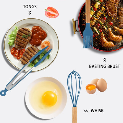 MIBOTE Silicone Cooking Kitchen Utensils Set with Holder, Wooden Handles BPA Free Non Toxic Silicone Turner Tongs Spatula Spoon Kitchen Gadgets Utensil Set for Nonstick Cookware (Coffee)