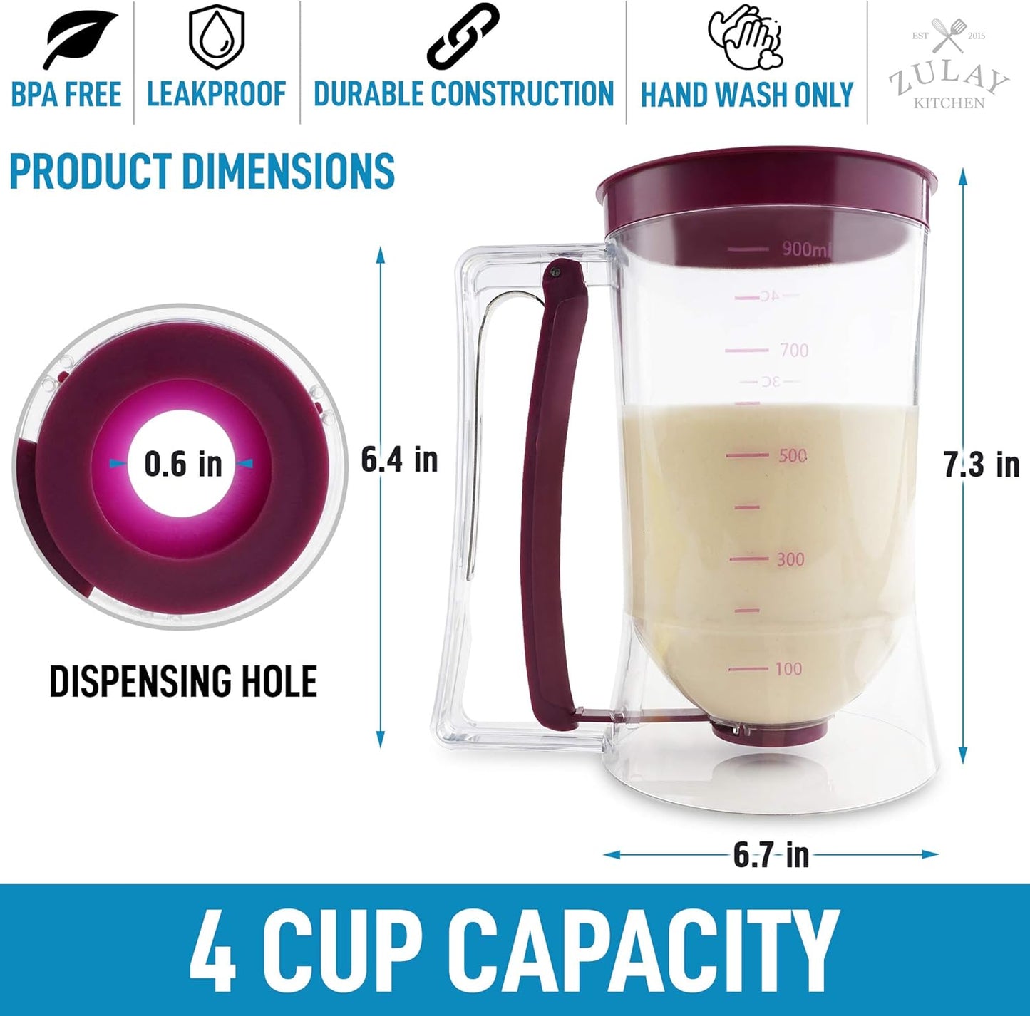 Zulay Kitchen 4 Cup Pancake Batter Dispenser With Squeeze Handle - Pancake Dispenser For Batter With Measuring Label - Pancake Batter Mixer Dispenser Bottle For Cupcakes, Crepes, Waffles & More