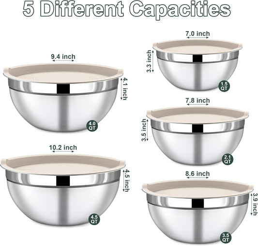 7 Piece Stainless Steel Mixing Bowls with Lids Set - Khaki Nesting Metal Mixing Bowls for Kitchen, Sizes 4.5, 4, 3.5, 2.1, 1.5, 1.1, 0.7 Qt for Baking, Cooking and Serving, Dishwasher Safe