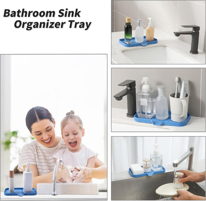 MicoYang Silicone Soap Dish with Drain Spout, Self-Draining Sink Organizer Tray for Bathroom and Kitchen, Sponges, Dispensers and Soap Holder, Non-Slip and Dishwasher Safe, Black (Compact, 4.9"×3.2")