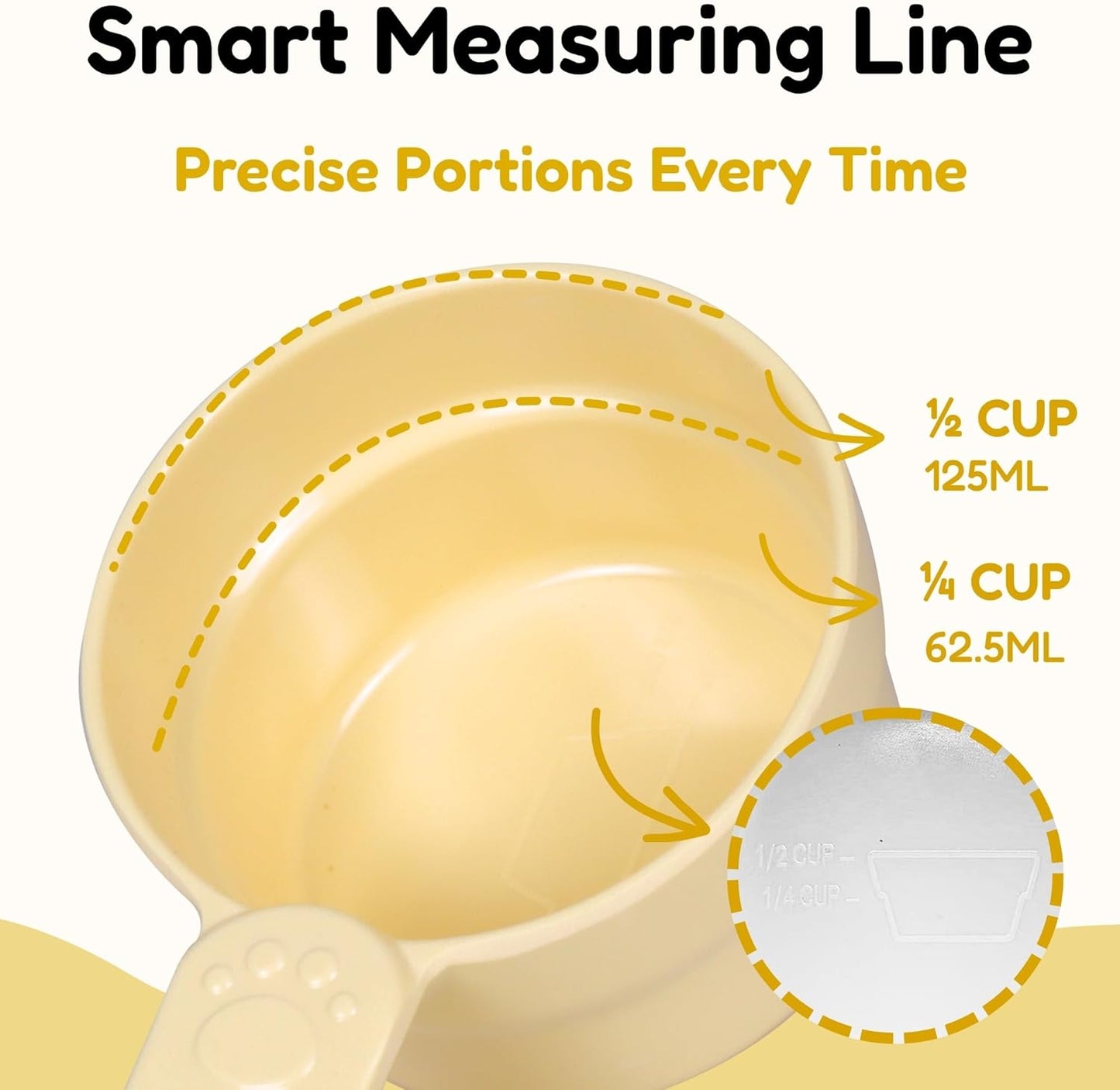 1/2 Cup Dog Food Scoop, Extra Long Handle Sturdy Melamine Pet Food Measuring Scoop with Clear Marking Lines, BPA-Free, Shatterproof, Dishwasher Safe (Butter Yellow, 1/2 Cup)