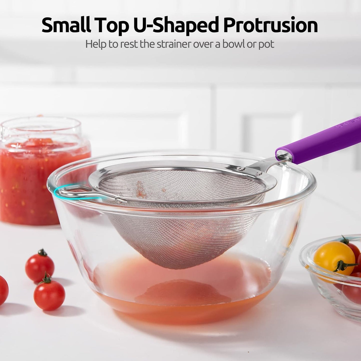 18/8 Stainless Steel Mesh Strainer: U-Taste 5.5 Inch Kitchen Fine Mesh Sieve Food Colander with Riveted Sturdy Silicone Handle and 30 Mesh Hole for Straining Flour, Pasta, Fruit, Quinoa(Aqua Sky)