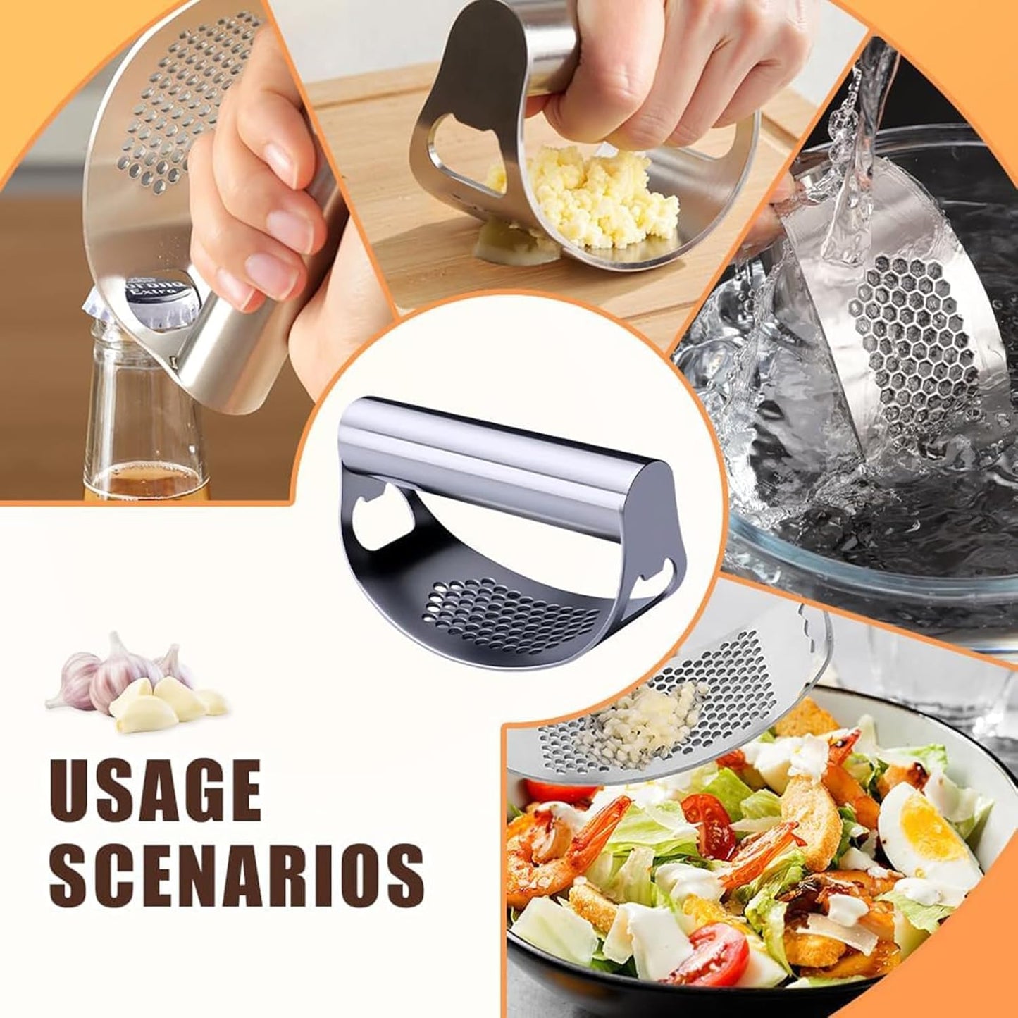 Garlic Press Rocker, Stainless Steel Garlic Crusher Portable Manual Heavy Duty Garlics Mincer, Garlics Chopper with Peeler & Scraper, Easy Kitchen Gadget for Effortless Smashing (Sliver)