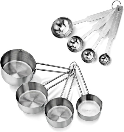 New Star Foodservice 42917 Stainless Steel Measuring Cups and Spoons Set, 8-Piece Metal Measuring Set for Baking, Cooking, Dry and Liquid Ingredients, Restaurant Grade, Silver