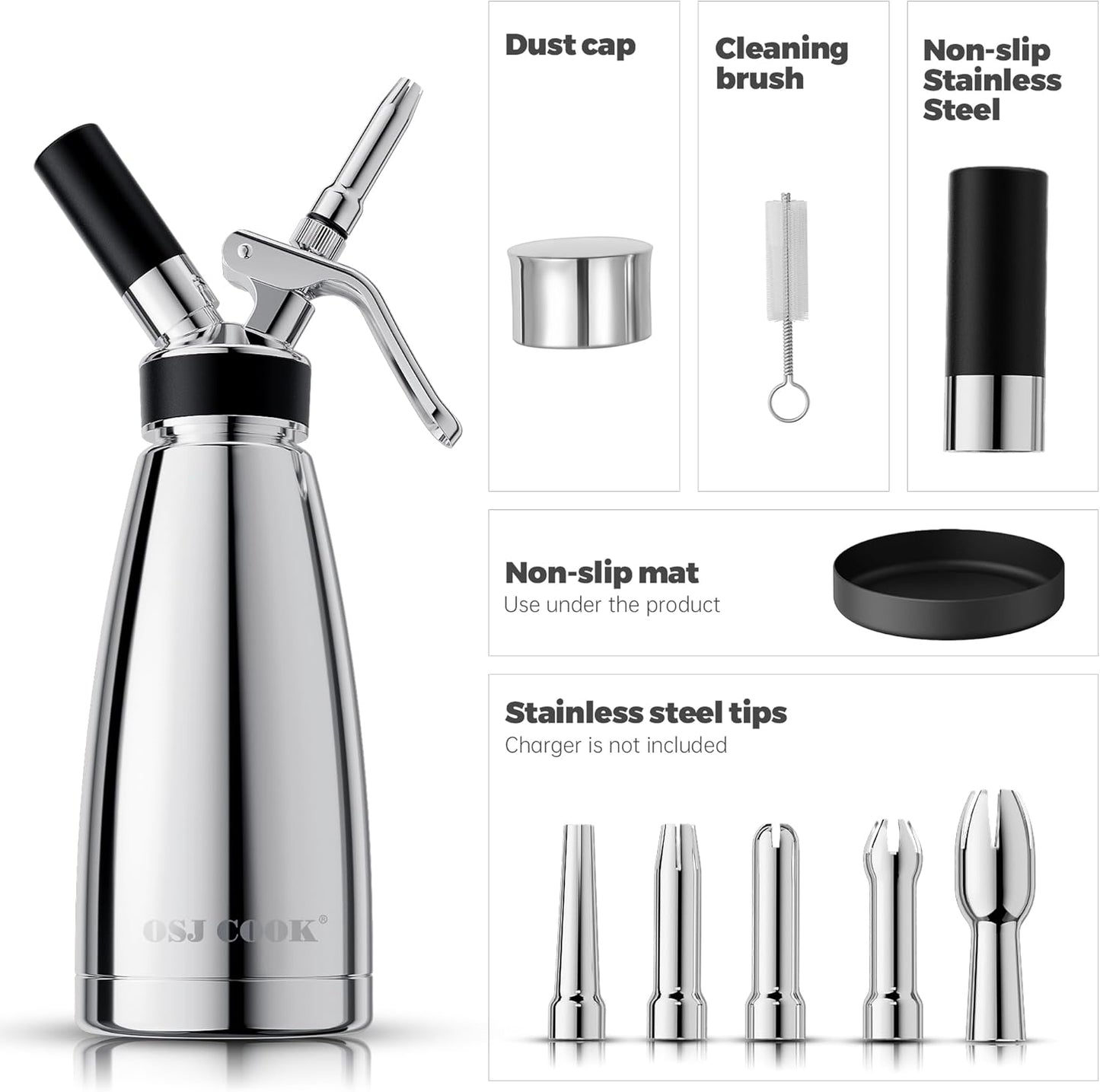 Professional Aluminum Whipped Cream Dispenser - 500 mL/1 Pint,Leak-Free Whipped Cream Maker Canister with 8 Decorating Nozzles & Cleaning Brush - N2O Chargers (Not Included) (Silver, 500ml)