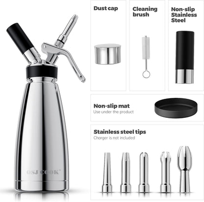 Professional Aluminum Whipped Cream Dispenser - 500 mL/1 Pint,Leak-Free Whipped Cream Maker Canister with 8 Decorating Nozzles & Cleaning Brush - N2O Chargers (Not Included) (Silver, 500ml)