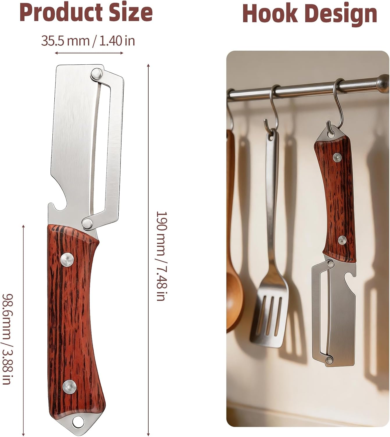 Multifunctional Vegetable Peeler, 3 in 1 Julienne Peeler with Wooden Handle, Vegetable Shredder with Bottle Opener Kitchen Tool for Peeling Veggie Fruit Pineapple Pumpkin Papaya Carrrot(2 Pack)