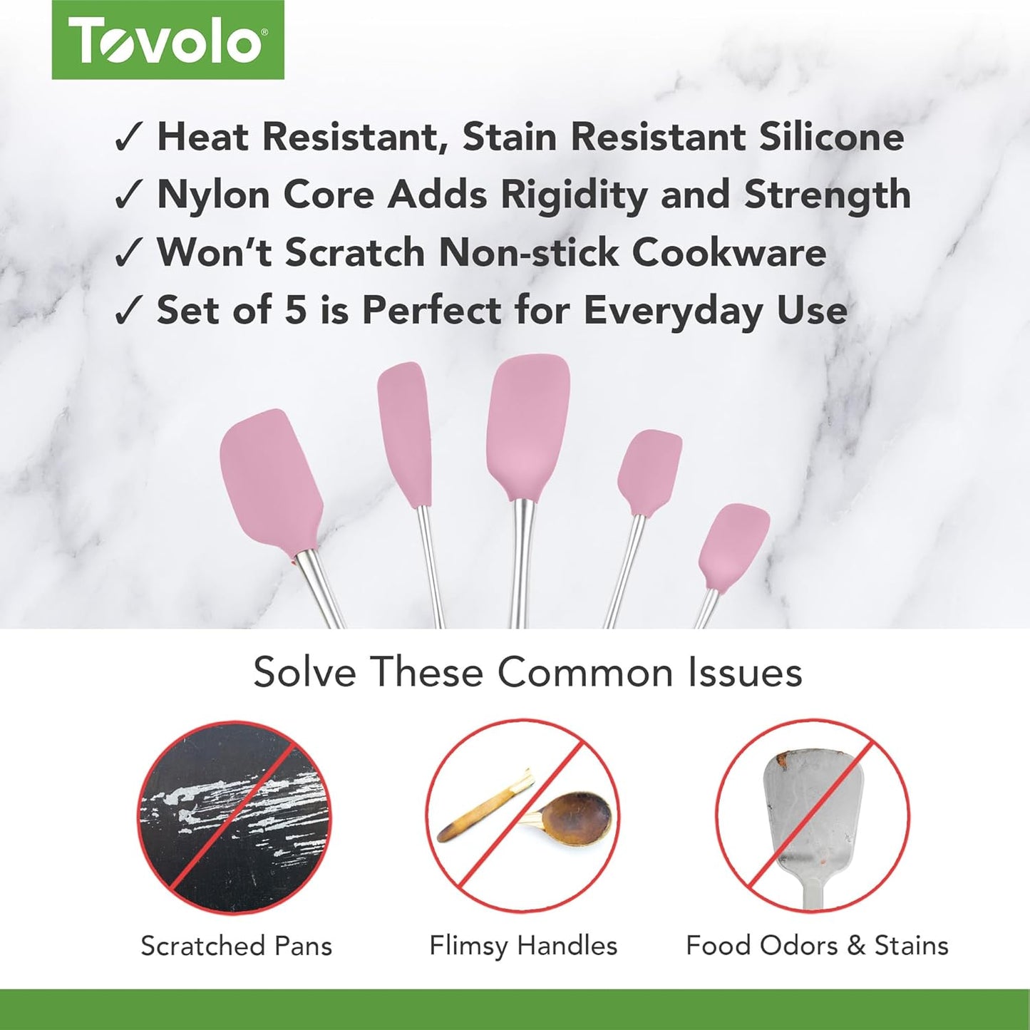 Tovolo Stainless Steel Handled Silicone Spatula Set of 5 White, Dishwasher Safe Kitchen Spatula Set for Cooking Baking, Non Toxic BPA Free Silicone Spatula set with Metal Steel Handle