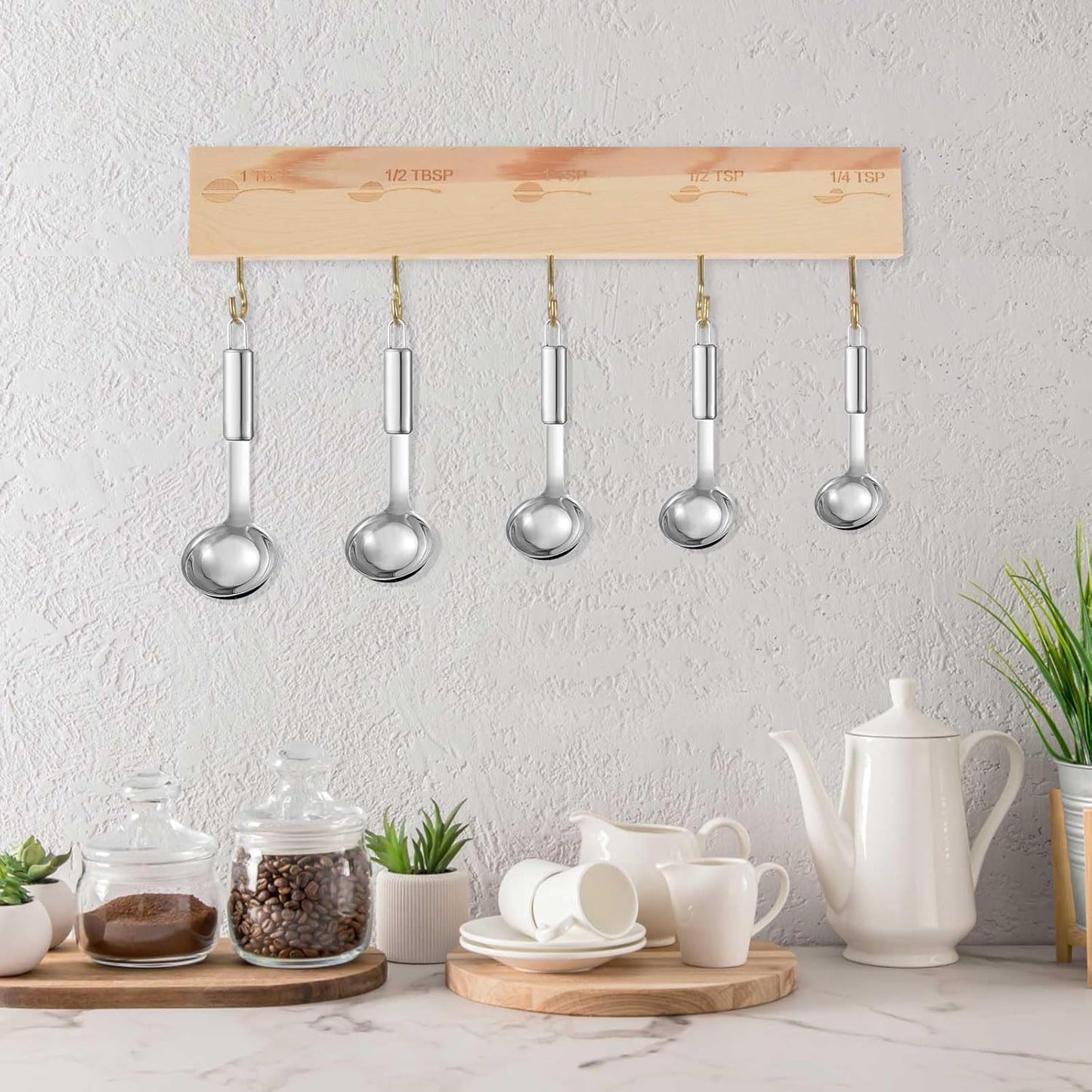Premium Bamboo Measuring Cups and Spoons Rack, Measuring Cup Organizer Rack Suitable for Kitchen Hanging Cups and Spoons, Including Screw and Adhesive Mounting（2 pcs）