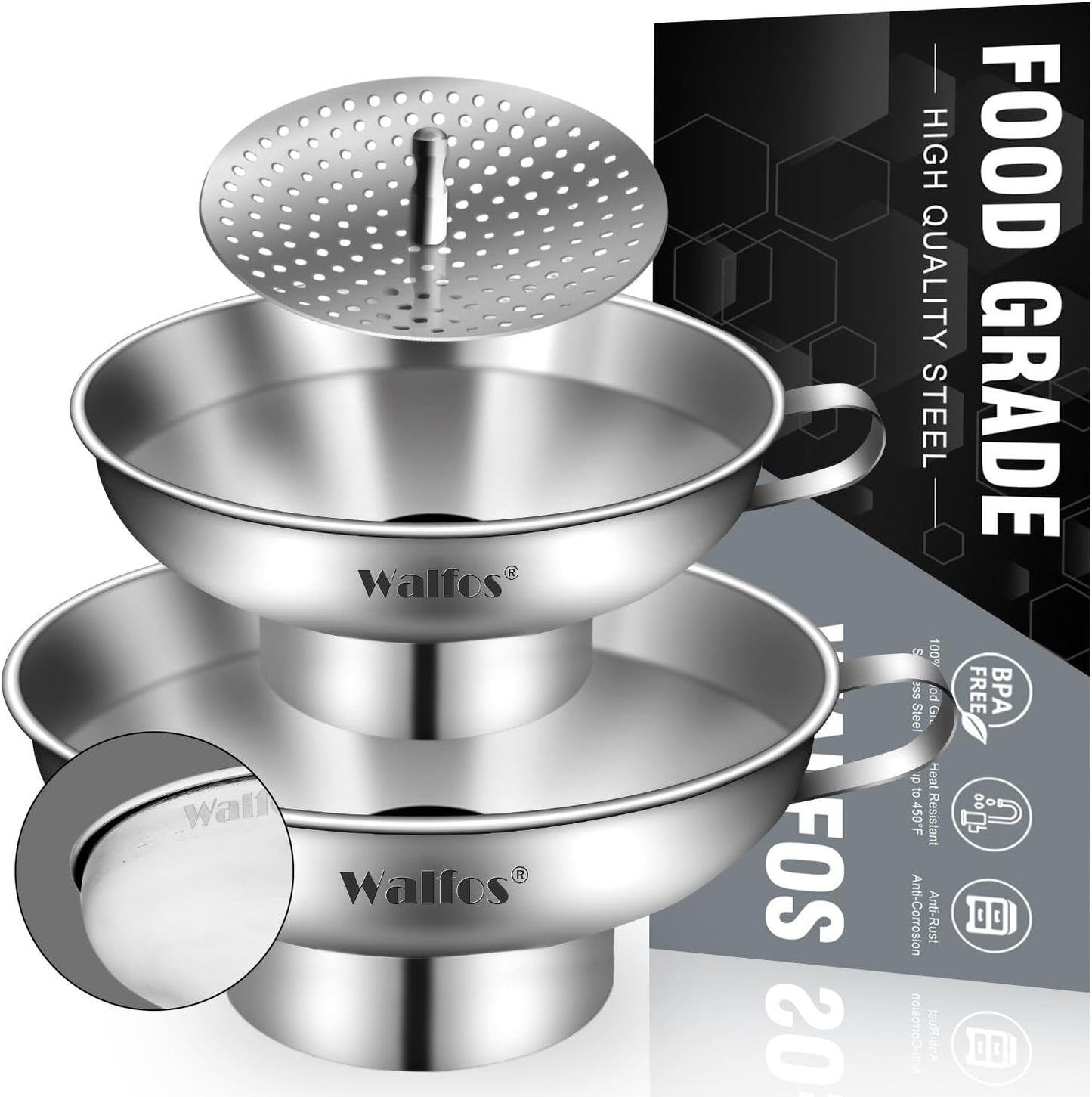 Stainless Steel Funnel, Walfos 4 Pack(4in、3 in、2.2 in、1.7in Kitchen Funnel with 2 Removable Strainer ＆ 1Pcs Cleaning Brush, Perfect for Transferring of Liquid, Oils, Jam, Dry Ingredients & Powder
