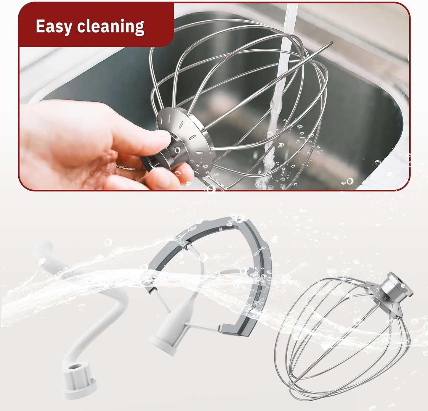 Flex Edge Beater 3Pcs for KitchenAid Mixer Attachments and Accessories Compatible with 4.5-5 Quart Tilt-Head Stand Mixers (K45WW 6-Wire Whip, 4.5-5QT Flat Beater Paddle, 4.5-5QT Dough Hook Attachment)