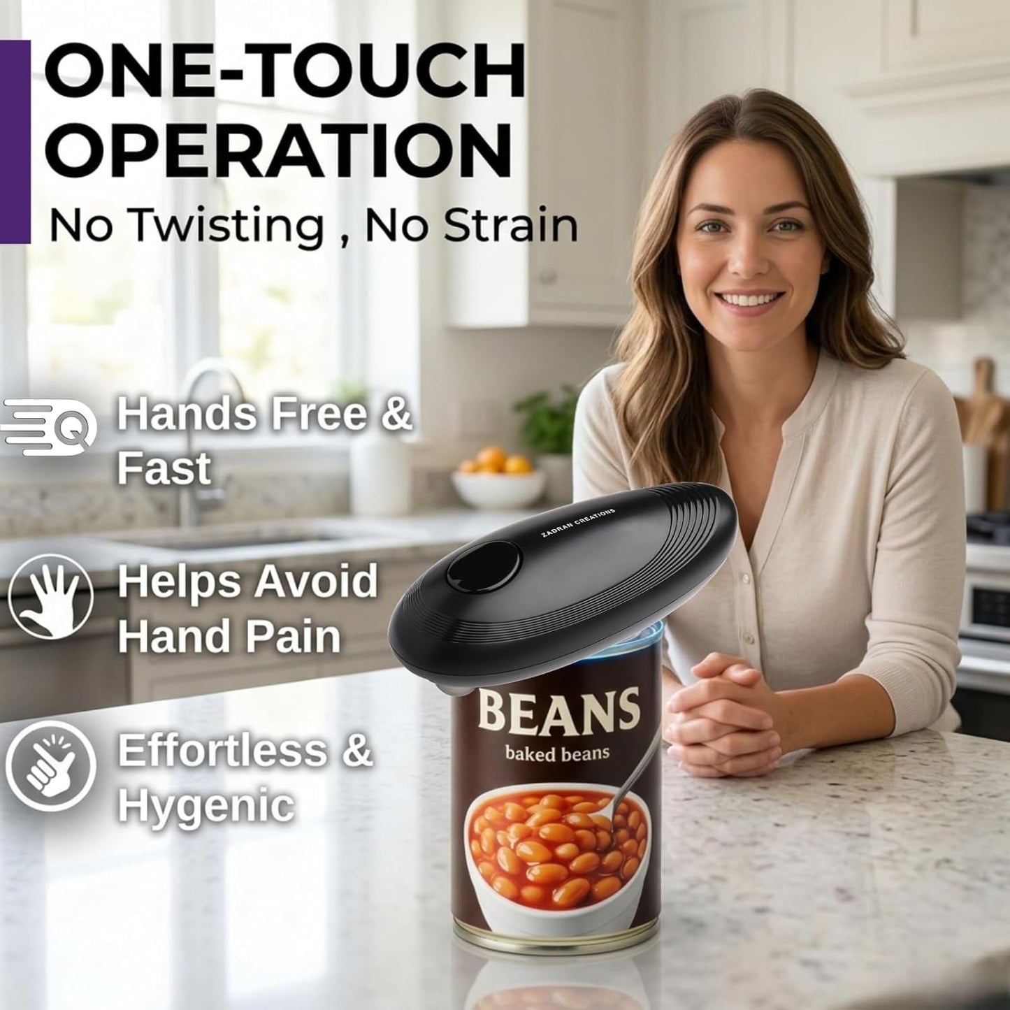 Electric Can Opener for Seniors, One Touch Automatic Battery Operated Can Opener with Smooth Edge, Hands Free, Fits All Can Sizes, Kitchen Gadgets for Arthritis