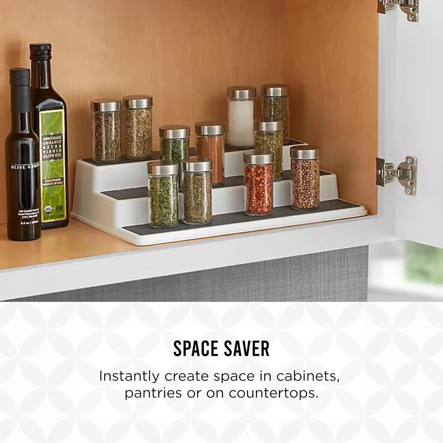Copco Non-Skid 3-Tier Spice Rack Organizer for Cabinet - 10 Inch Kitchen Pantry Organizer with Raised Rims, White and Gray Step Shelf for Spices, Cans, Jars - Easy Clean Storage Solution