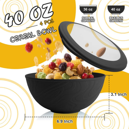 Wheat Straw Bowls Set with Lids, Unbreakable 40 OZ Cereal Bowls Set of 4, Salad Container for Lunch, Microwave & Dishwasher Safe Bowl Set for Kitchen, Picnic, RV, Camping, Multi