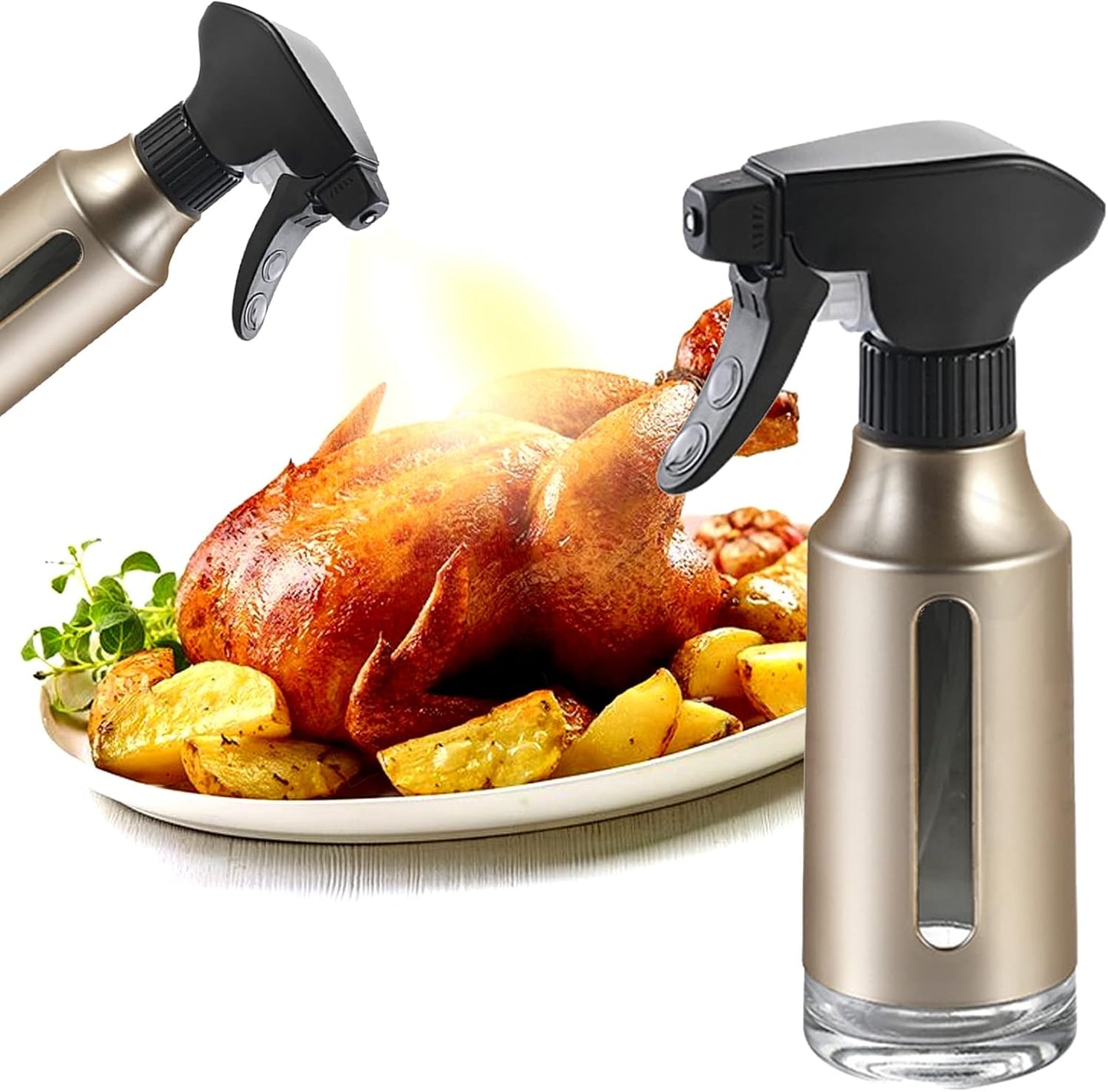 Oil Sprayer for Cooking,Stainless Steel Olive Oil Mister for Air Fryer Black Nozzel Dispenser Bottles Fat Reduction Glass Oil Control Spray Pot 6.35oz(180ml) Capacity