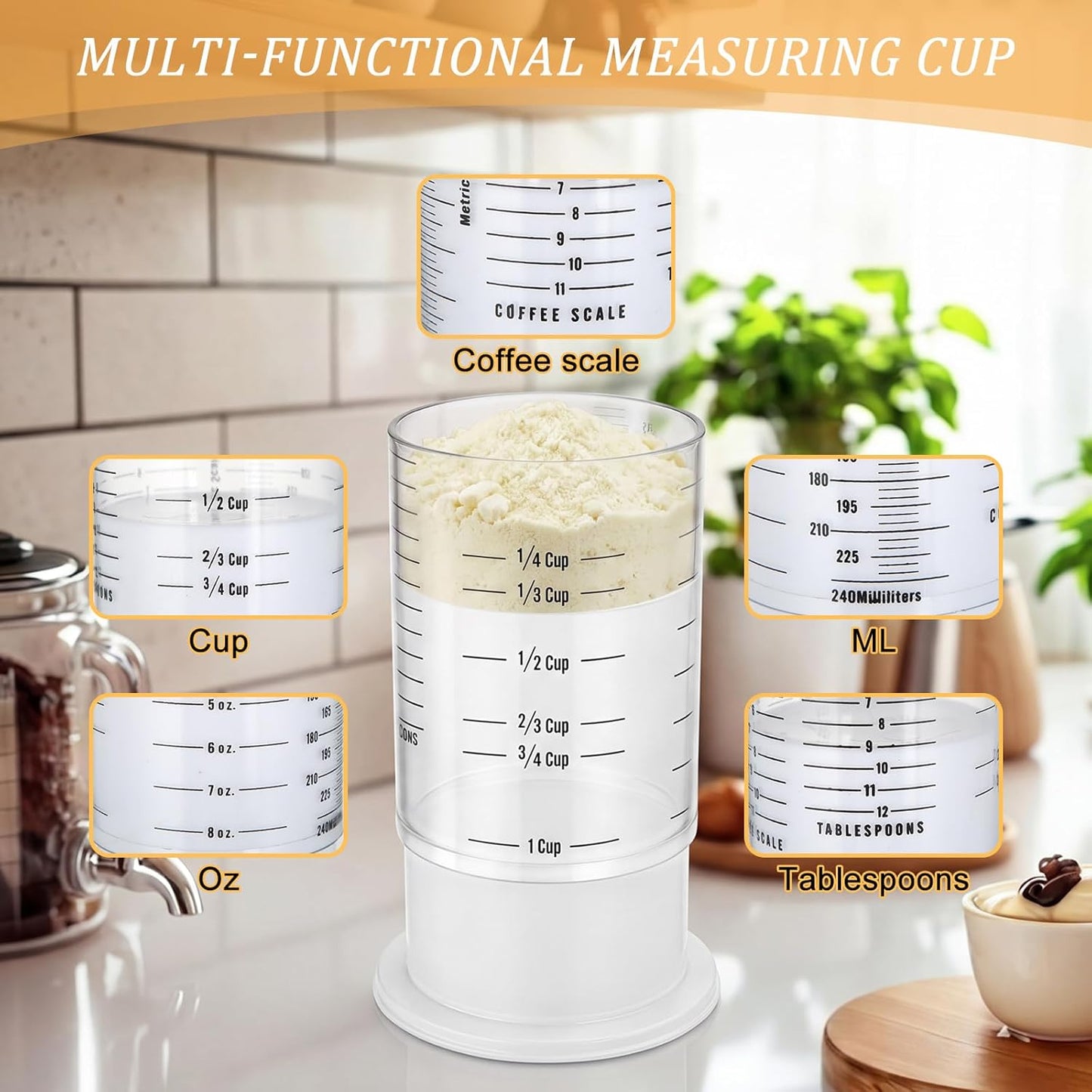 6 Pcs Adjustable Measuring Cups Set Includes 2 Cup Push up Measuring Cup and 5 Measurings Spoon for Peanut Butter 4 in 1 Liquid Dry Semi Solid Ingredient Home Cooking Tool