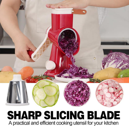 Cheese Grater Cheese Shredder with 3 Interchangeable Blades, Rotary Cheese Grater Manual Vegetable Slicer with Non-slip Suction Base Peanut Nuts Grinder Vegetable Shredder Clear