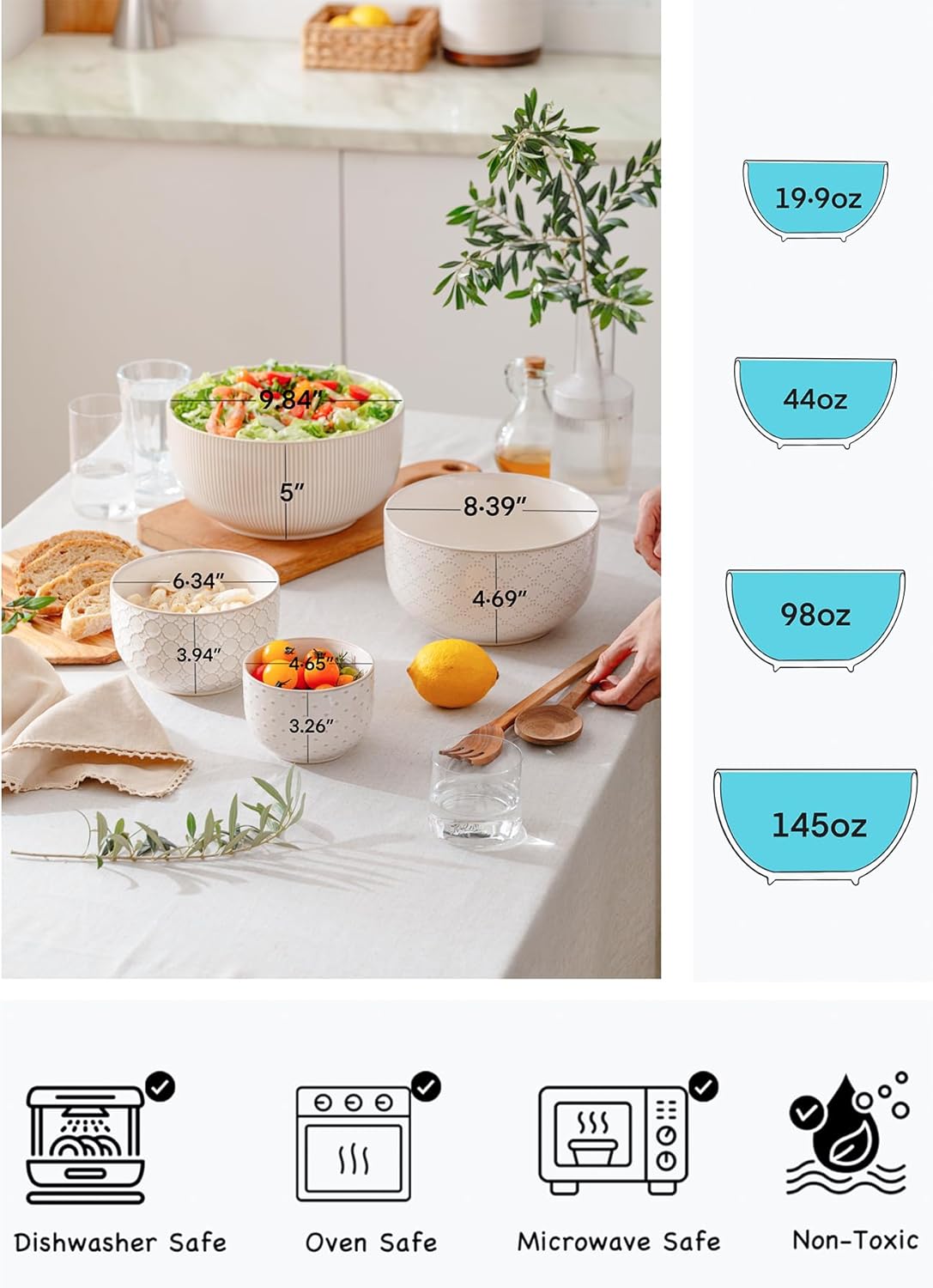Ceramic Mixing Bowls, Embossed Nesting Bowls Set of 4, Mixing Bowl Set for Serving, Baking, Cooking and Gift, Microwave and Dishwasher Safe, 20/47/99/148 oz, Off-White