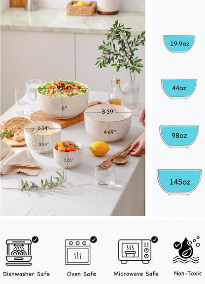 Ceramic Mixing Bowls, Embossed Nesting Bowls Set of 4, Mixing Bowl Set for Serving, Baking, Cooking and Gift, Microwave and Dishwasher Safe, 20/47/99/148 oz, Off-White