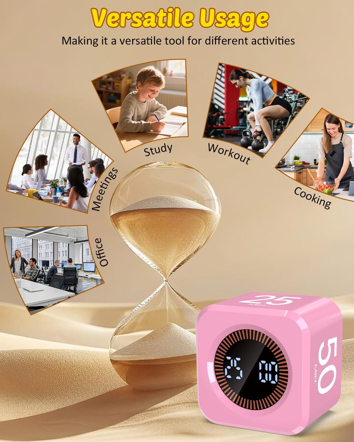 Digital Pomodoro Timer Cube 5/10/25/50min, Visual Productivity Flip Timer for Kids Classroom Desk, Custom Countdown, Silent and Sound Mode for ADHD Study Work Game Kitchen (Orange)