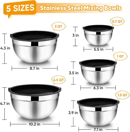 TeamFar Mixing Bowls with Lids, 5-Piece Stainless Steel Metal Nesting Salad Bowl for Mixing Prepping, Healthy & Heavy Duty, Airtight Lids & Dishwasher Safe, 4.5/3/1.5/1/0.7 QT-Khaki