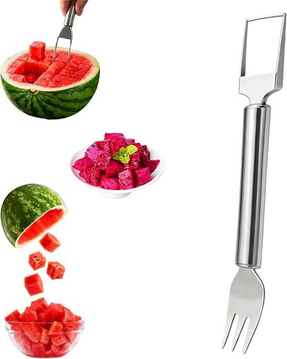 Watermelon Cutter, 2-in-1 Stainless Steel Fruit Cutter, Dual Head Watermelon Fork Slicer Tool, Summer Fruit Cutting Kitchen Gadget for Home (Round-2PCS)