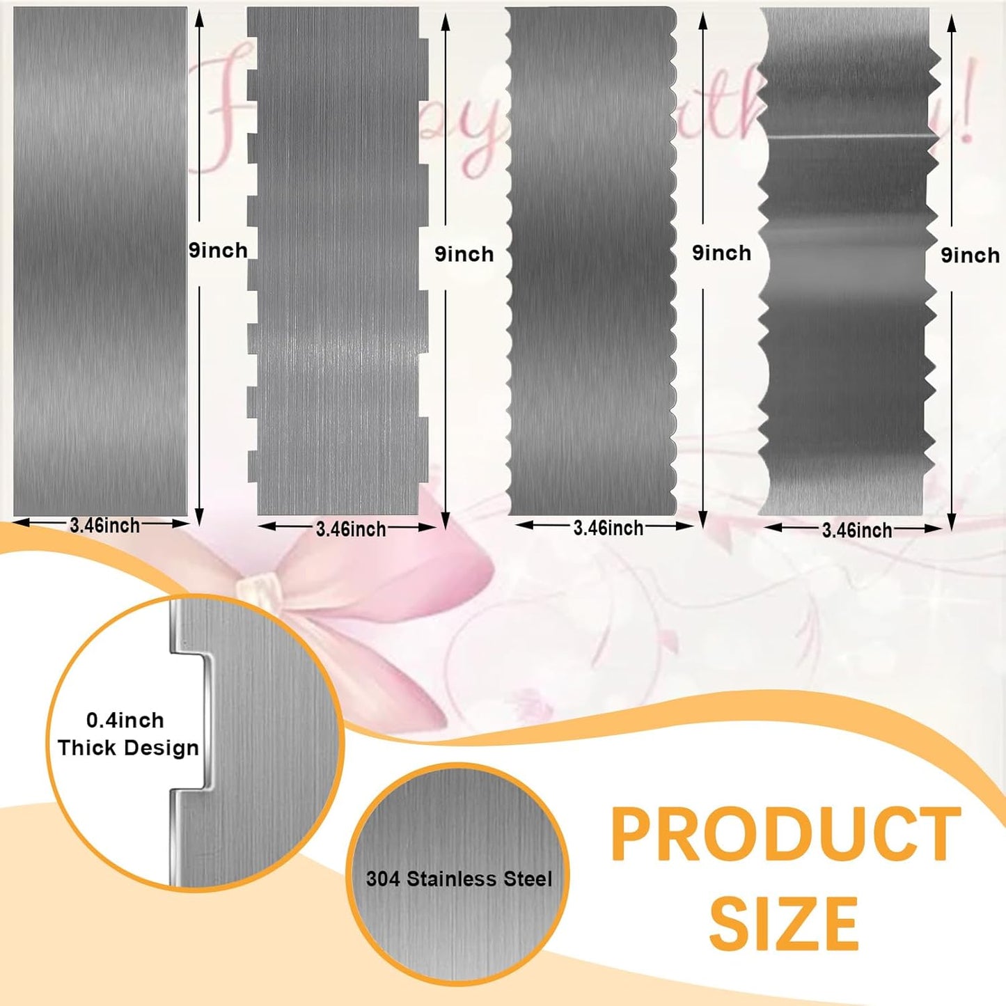 2 Pieces Stainless Steel Cake Scraper, 9 Inch Large Cake Smoother Scraper Contour Double Sided Patterned Edge Stripe Tool Pastry Cutter in 6 Patterns for Different Shapes of Comb Cake Edges Decoration