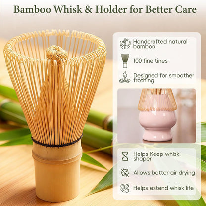 Matcha Whisk Set, Ceramic Matcha Set Includes Bowl & Holder, Bamboo Whisk (Chasen), Scoop, Spoon and Sifter, 6PCS Matcha Kit Covers Everything Needed for Making Matcha (Green)