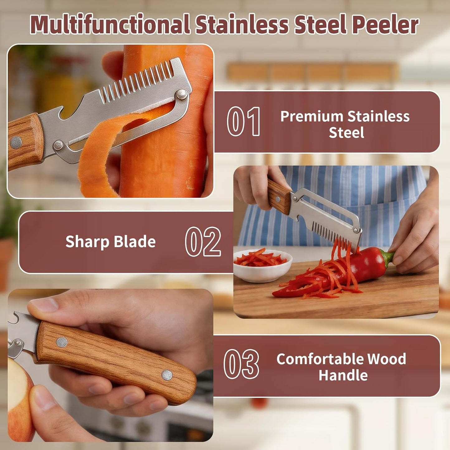 Multifunctional Vegetable Peeler, 3 in 1 Julienne Peeler with Wooden Handle, Vegetable Shredder with Bottle Opener Kitchen Tool for Peeling Veggie Fruit Pineapple Pumpkin Papaya Carrrot(2 Pack)