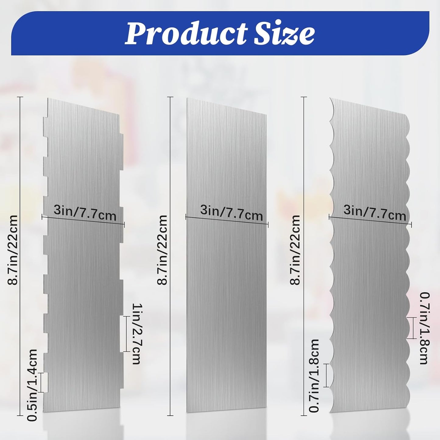 3 Pcs Stainless Steel Cake Scraper, 8.6-inch Double Sided Patterned Edge Stripe Edge Smoother Scraper, Cake Decorating Comb Metal Cake Scraper for Butter Mousse Cream Decoration