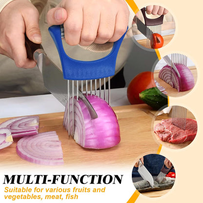 Stainless Steel Onion Holder for Slicing,Onion Slicer Holder, Onion Cutter for Slicing of Onions, Tomatoes,Avocados,Eggs and Other Vegetables, Kitchen Utensils Gift (Blue)