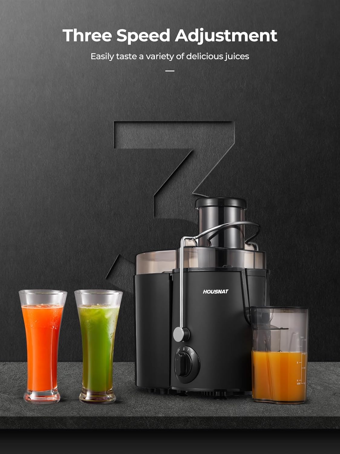 Juicer Machines, HOUSNAT Juicer Whole Fruit and Vegetables with 3-Speed Setting, 400 W Motor Quick Juicing Ideal for Beginners & Light Daily Use, Cleaning Brush and Juicing Recipe Included