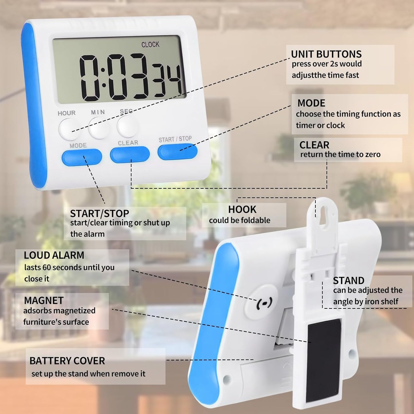 Mudder 3 Pack Digital Kitchen Timer for Cooking, Big Digits, 24 Hour Magnetic Backing Stand Kitchen Timers Clock for Classroom Kids Teachers, Loud Alarm and Big Screen (Black and White)