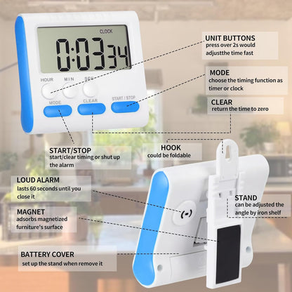 Mudder 6 Pack Digital Kitchen Timer for Cooking, Large Digits, 24 Hour Magnetic Backing Stand Kitchen Timers Clock for Classroom Kids Teachers, Loud Alarm and Large Screen (Black)