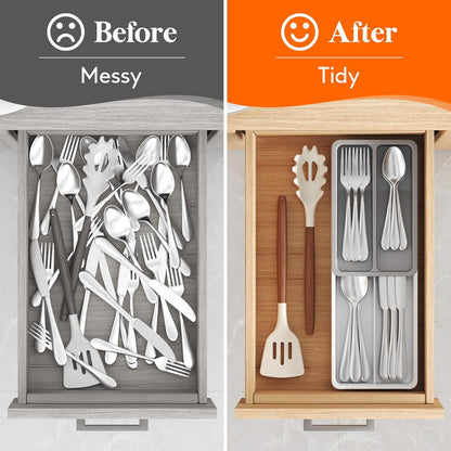 Lifewit Compact Silverware Organizer for Kitchen Drawer, Narrow Flatware Tray Holder, Plastic Cutlery Spoons, Forks and Knives Storage, Black, 1 Pack
