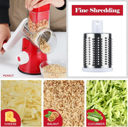 Ourokhome Rotary Cheese Grater Hand Crank, Kitchen Shredder Speed Mandolin Slicer Nut Grinder with Handle and Drum Blades for Cheese, Vegetable, Walnut, Chocolate, Potato, Carrot, 3 Blades, Dark Blue