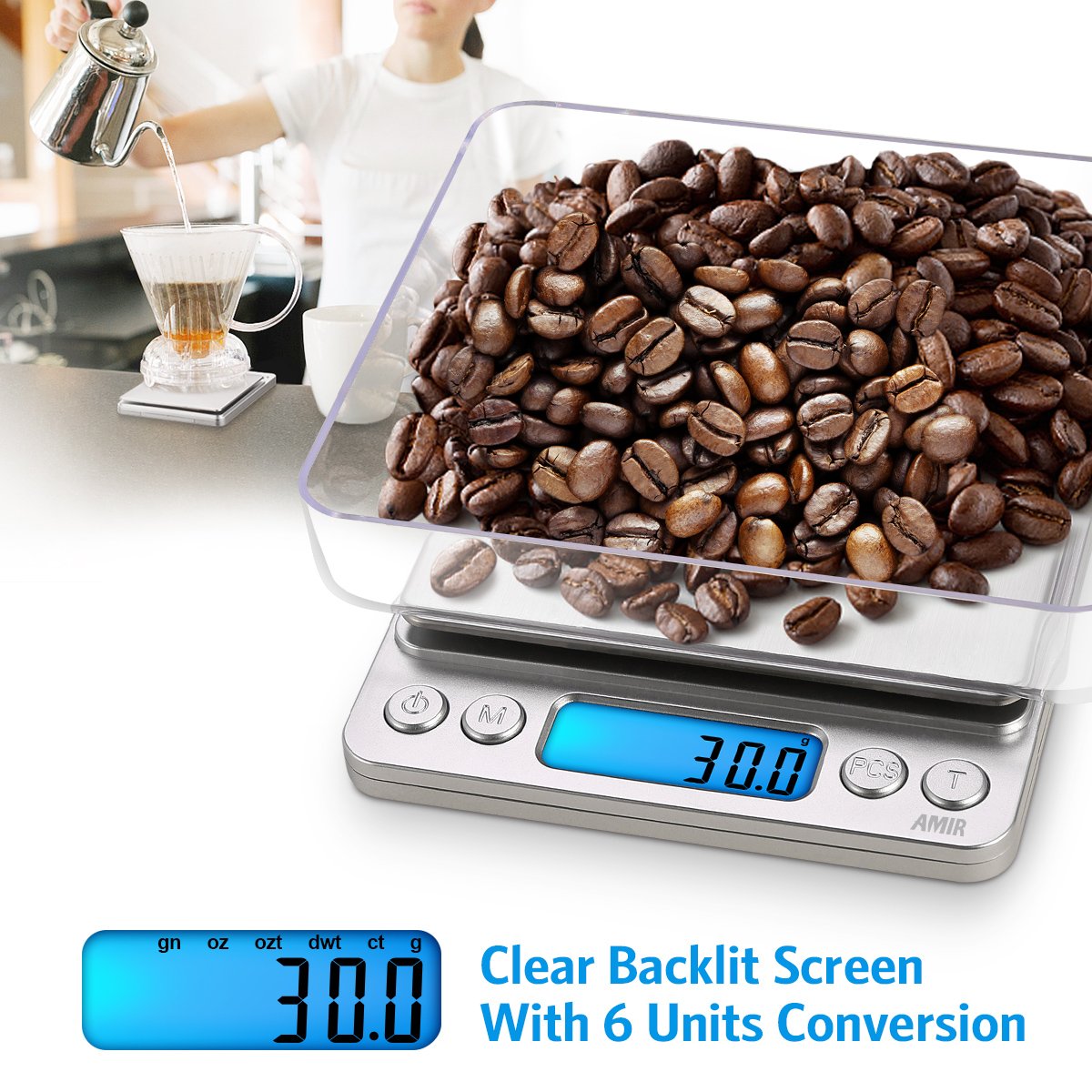 AMIR Digital Kitchen Scale, 3000g 0.01oz/ 0.1g Pocket Coffee Scale, Mini Food Scale, Pro Electronic Jewelry Scale with Back-Lit LCD Display, Tare & PCS Functions, Stainless Steel, Batteries Included