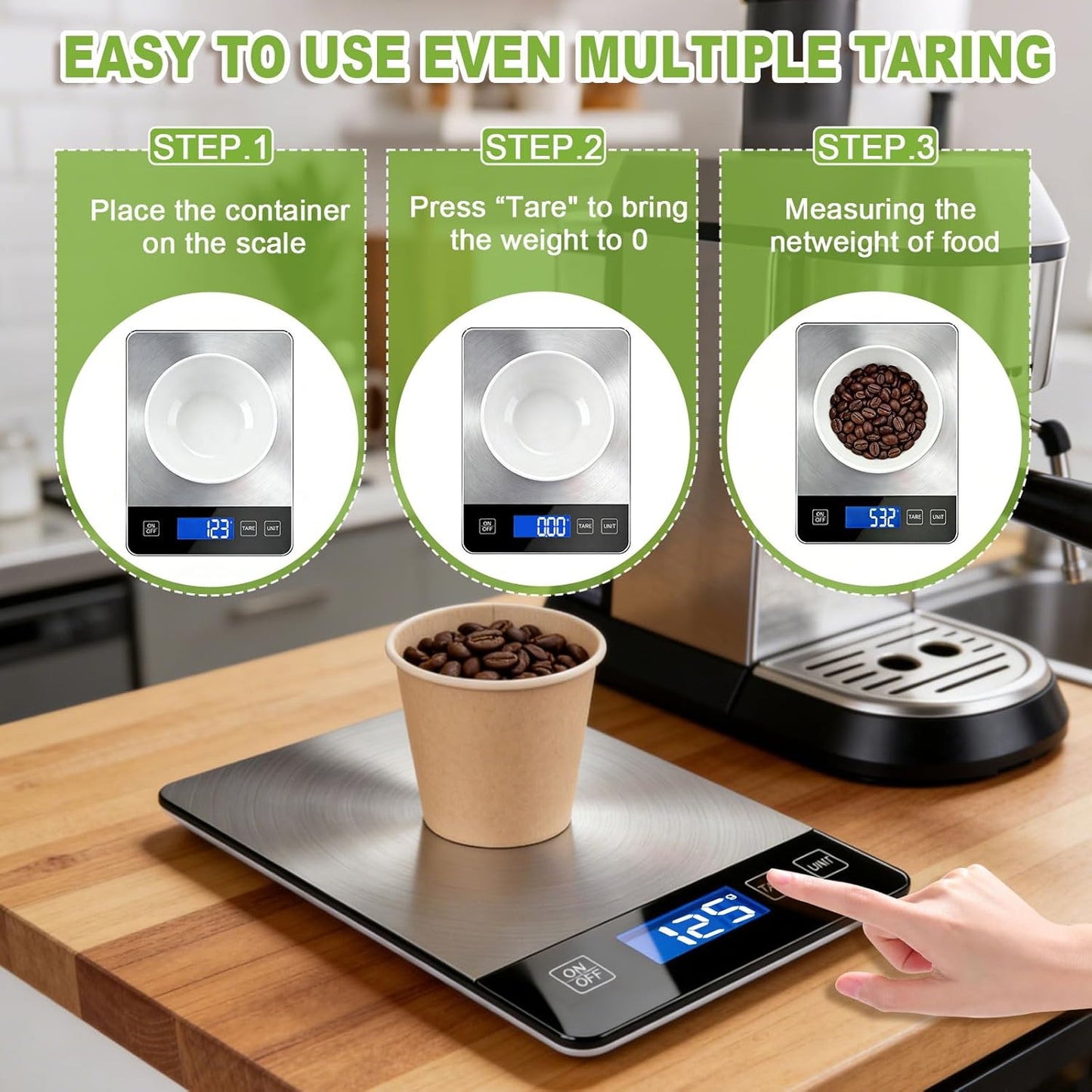 Digital Kitchen Scale, 33lb Food Scale Precisely Measures Grams and Ounces for Baking, Cooking, and Meal Prep, Rechargeable 304 Stainless Steel with LCD Display, Batteries and USB Charging Included