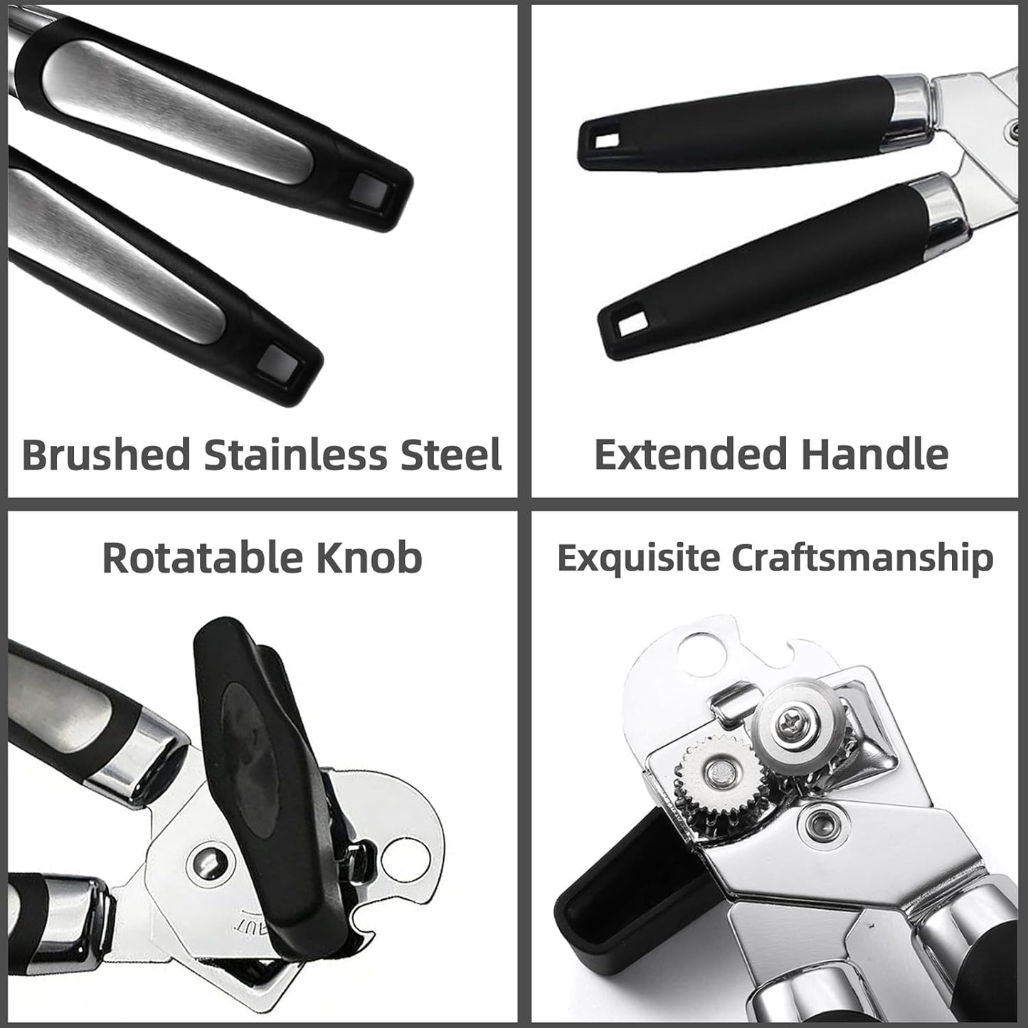 Can Opener Manual, Heavy Duty Can Opener with Built-In Bottle Openers, Ergonomic Design Extended Handle, Sharp Blade Smooth Edge, Kitchen Gadgets for Opening Cans, Multifunctional, Black