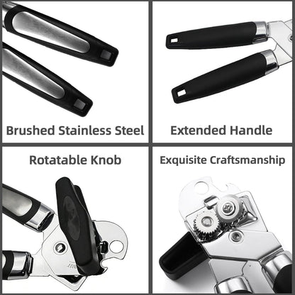 Can Opener Manual, Heavy Duty Can Opener with Built-In Bottle Openers, Ergonomic Design Extended Handle, Sharp Blade Smooth Edge, Kitchen Gadgets for Opening Cans, Multifunctional, Black