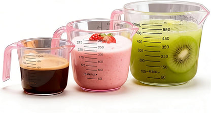Pink Measuring Cups Set - 3pc 150ml/300ml/600ml，Liquid Measuring Cups for Baking & Cooking with Multiple Scales, with Handle and Triangle Mouth，Cute Pink Kitchen Accessories
