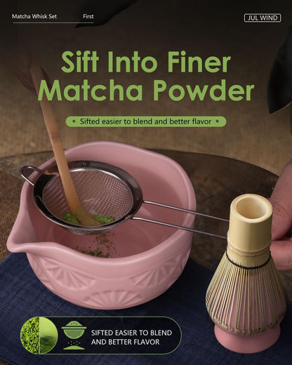 Matcha Whisk Set, Ceramic Matcha Set Includes Bowl with Spout, Whisk and Holder, Bamboo Scoop, Sifter and Tea Towel - 6 Pcs Matcha Kit Gift for Matcha Lovers (White)