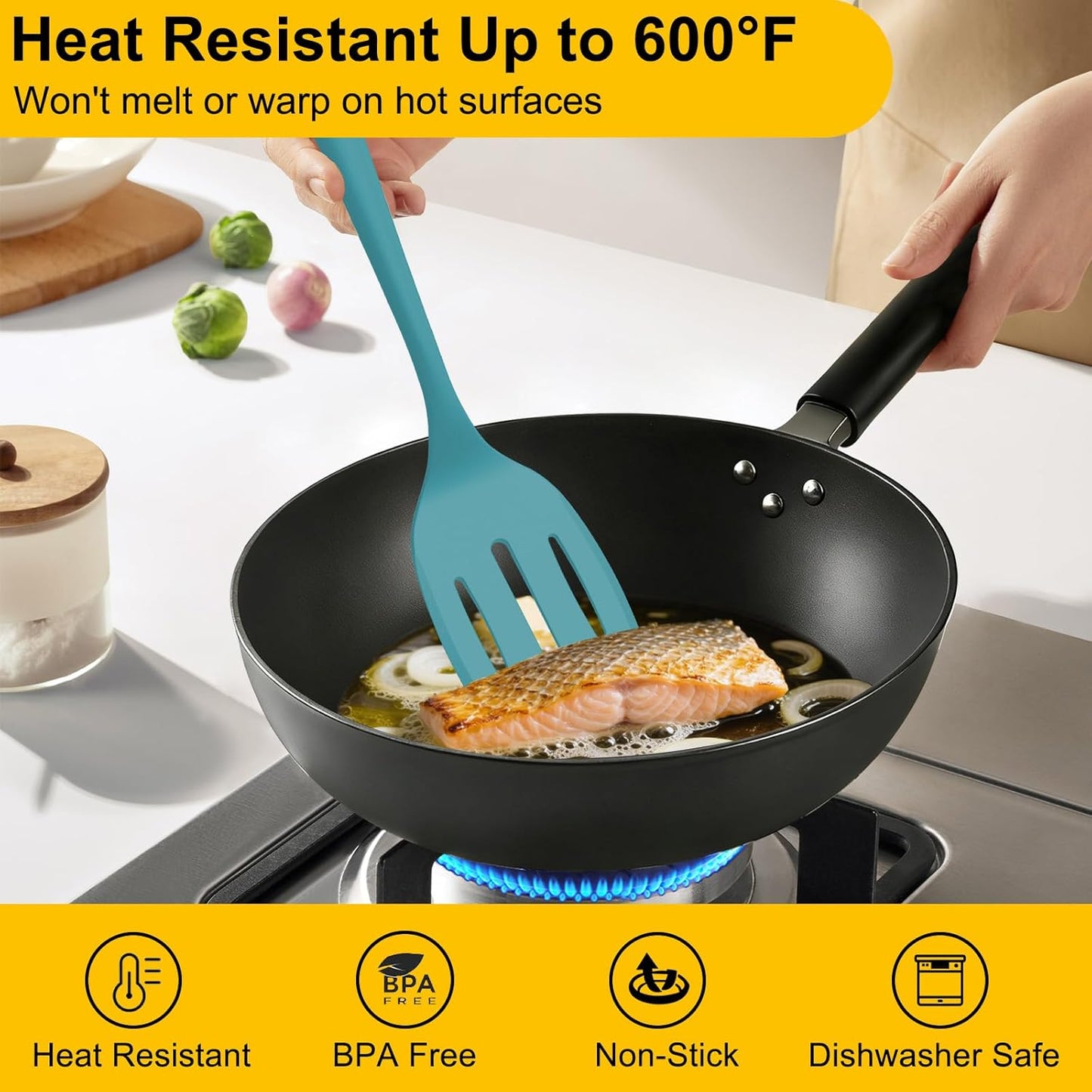 Beijiyi Silicone Spatula Set of 4, 600°F Heat Resistant, BPA Free Kitchen Spatula and Spoons for Nonstick Cookware, Solid & Slotted Turner Cooking Utensils for Serving, Flipping Egg, Pancakes (Khaki)